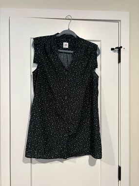 CAbi Dark Blue Button-Front Cap-Sleeve Blouse with Tiny White Floral